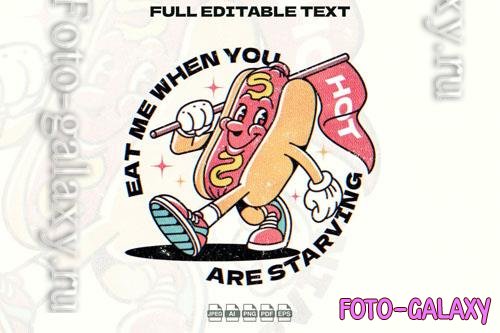 Retro Hotdog holding a Flag Mascot Illustration