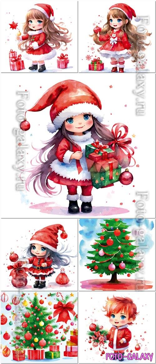 Vector a detailed small cute gnome girl holding christmas decor candy wearing a red outfit