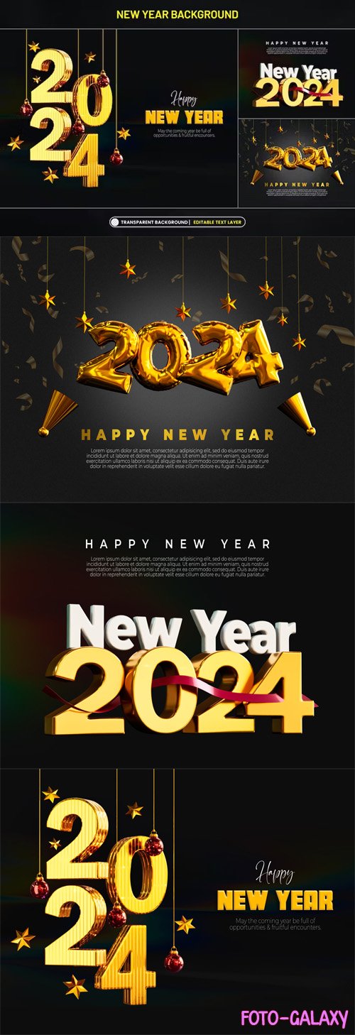New Year 2024 Backgrounds with Stylized 3D Text - PSD Templates