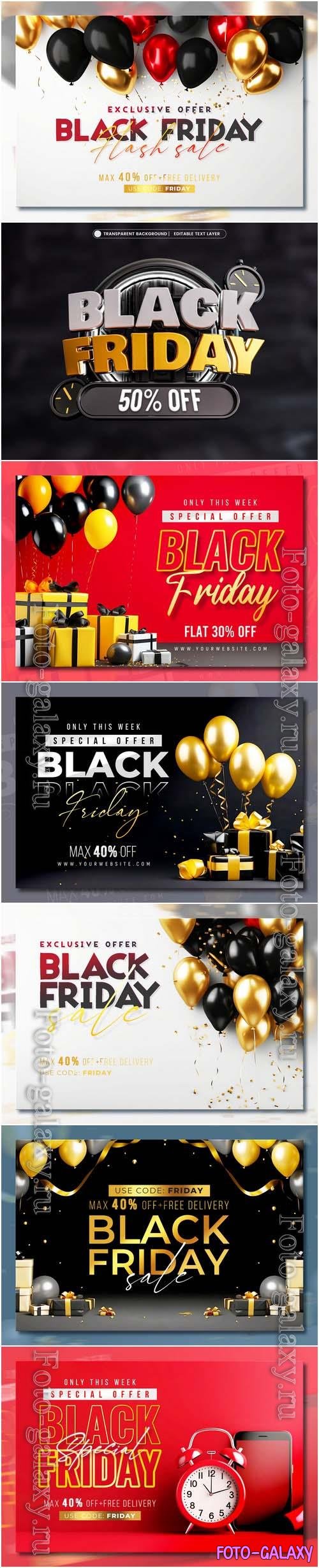 Black friday sale banner with realistic 3d gifts and balloons in psd vol 7
