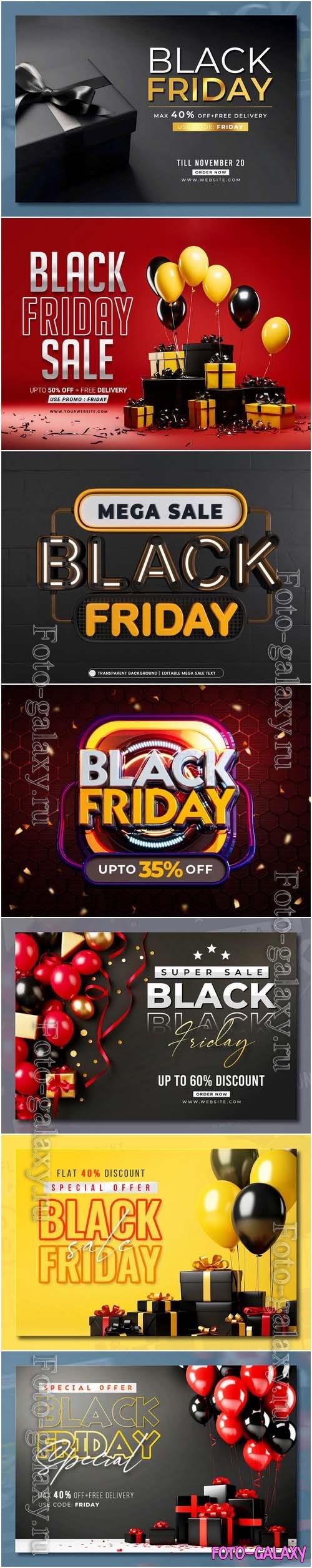 Black friday sale banner with realistic 3d gifts and balloons in psd vol 5