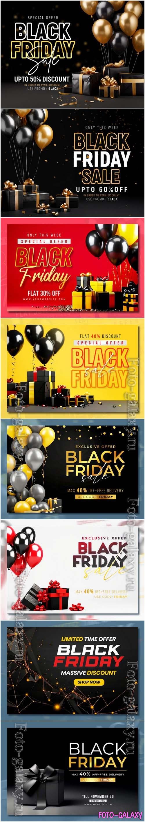 Black friday sale banner with realistic 3d gifts and balloons in psd vol 1