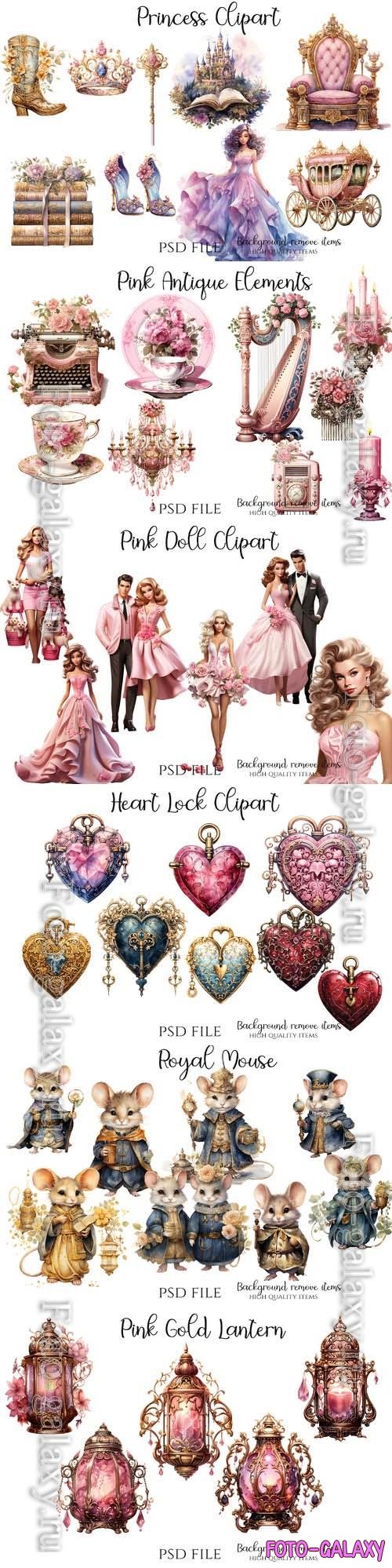 Fairy tale characters and elements, princess carriage, pink doll elements, antique elements - PSD illustration cliparts set