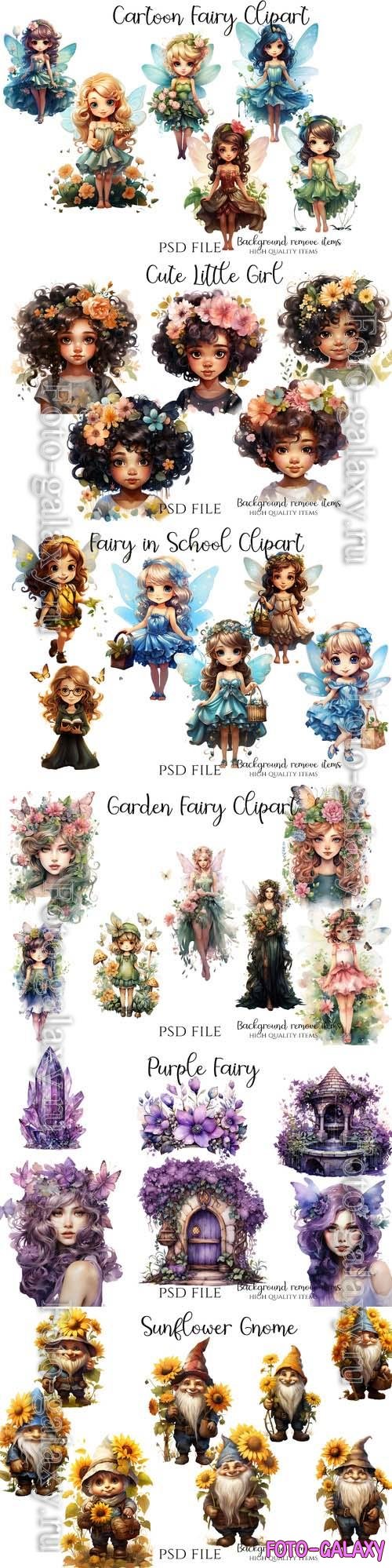 Cartoon fairy, cute little girl character, purple graphic fairy, sunflower gnome, garden fairy - PSD illustration cliparts set