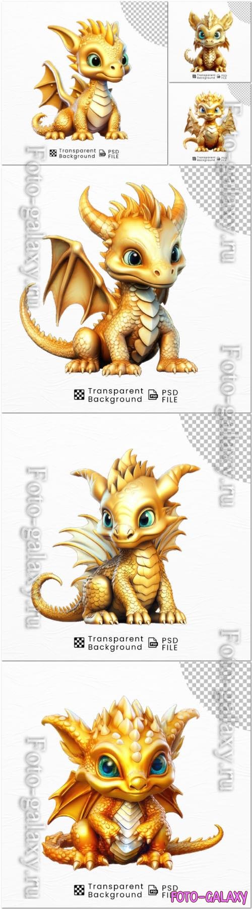 PSD cute cartoon golden dragon png transparent background