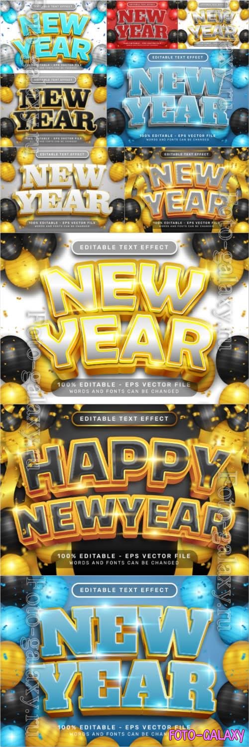 Vector happy new year 3d text effect and editable text effect