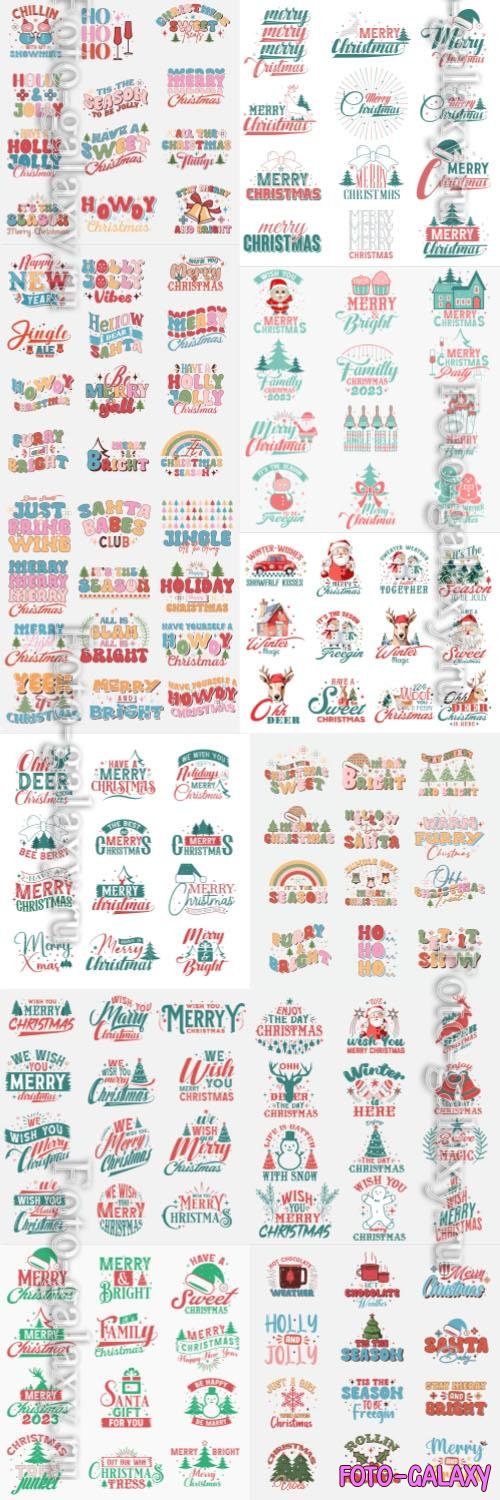 Colorful vector merry christmas wish set and lettering quotes bundle