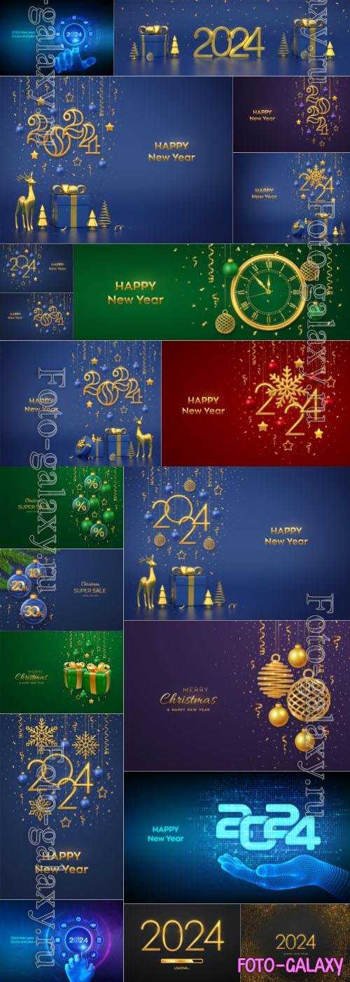 Happy new year background, Merry christmas greeting card gift box with golden bow in a glass with hanging bauble and glitter lights vector illustration
