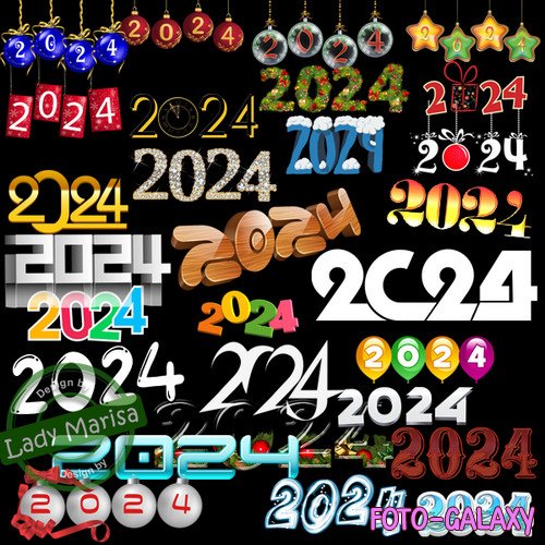 Надпись 2024 в различных стилях на прозрачном фоне