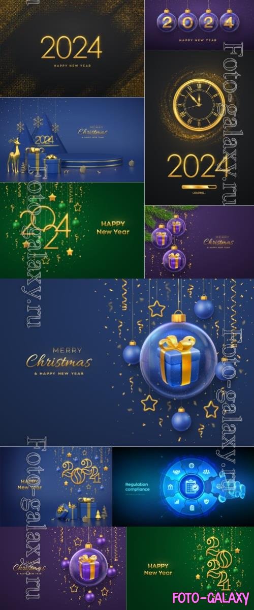 Vector happy new 2024 year golden metallic numbers 2024 with snowflake and confetti