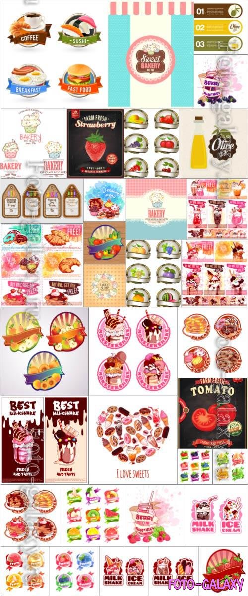 Labels, food, vegetables, fruits, ice cream in vector set