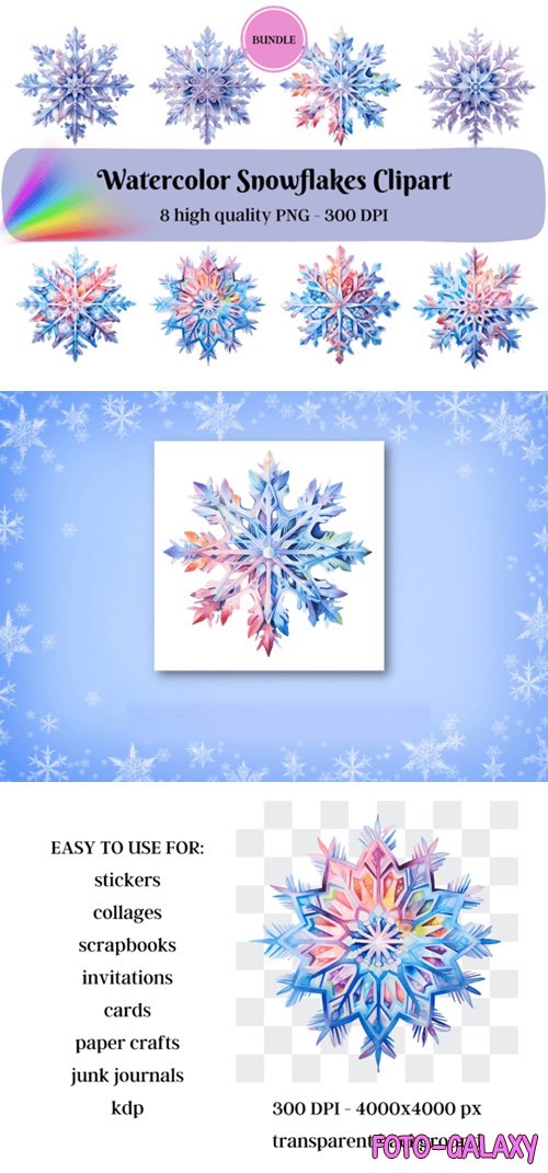 8 Watercolor Snowflakes Cliparts