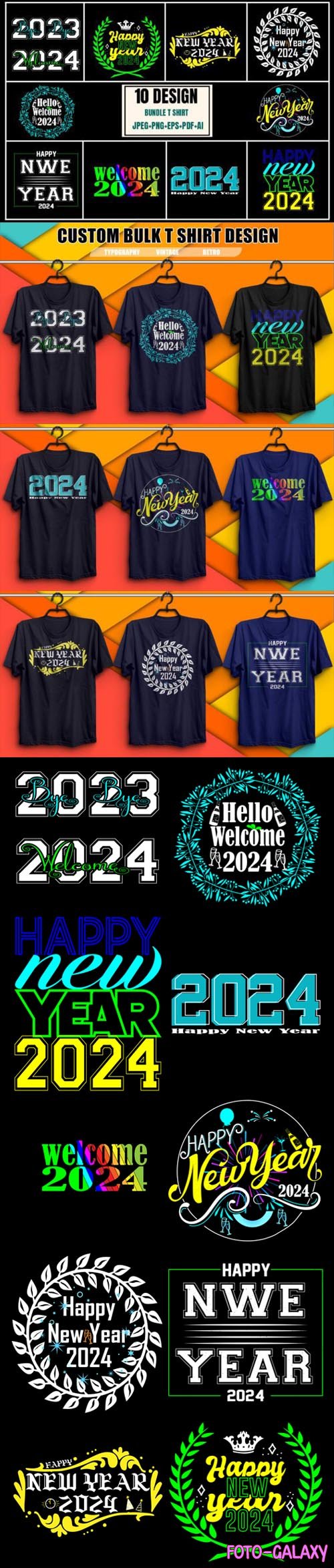 Happy New Year 2024 - 10 T-shirts Vector Design Templates