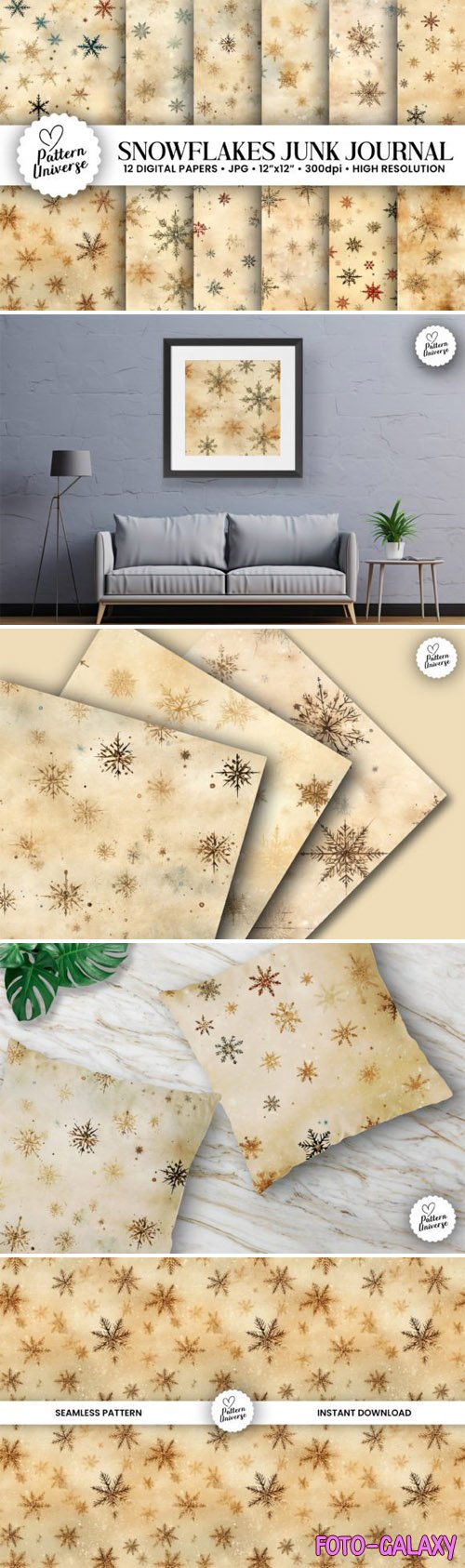 12 Snowflakes Junk Journal Textures Collection