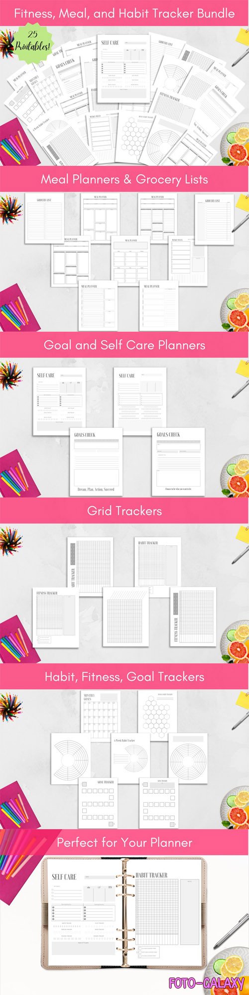 Fitness, Meal, and Habit Tracker Planner Bundle