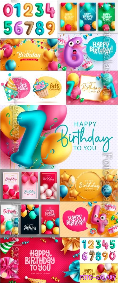 Happy birthday vector illustration, balloons and number