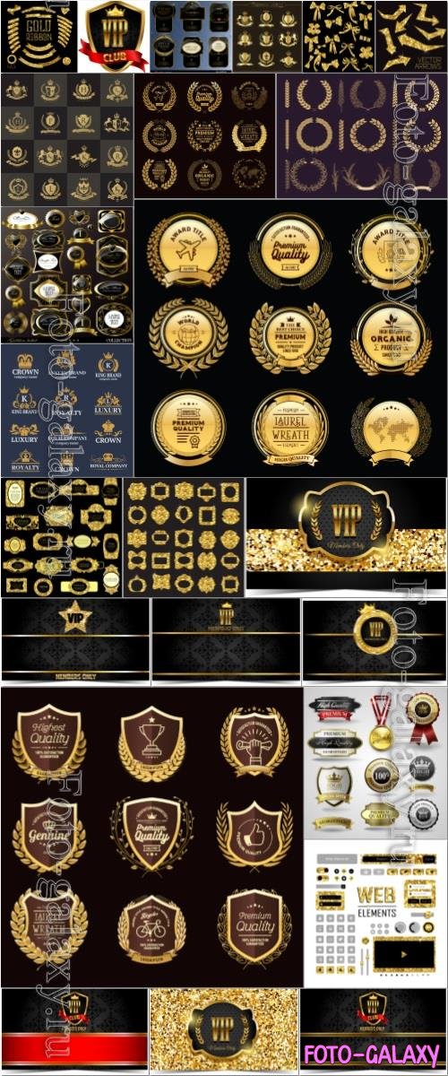 Vip label, logo and frame, gold vector elements collection