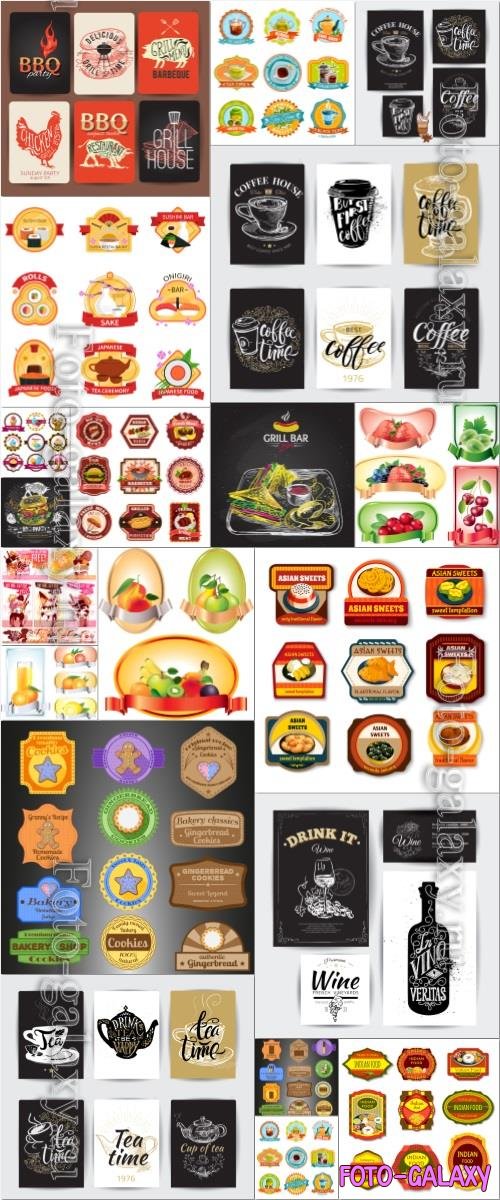 Food labels, logos elements in vector set