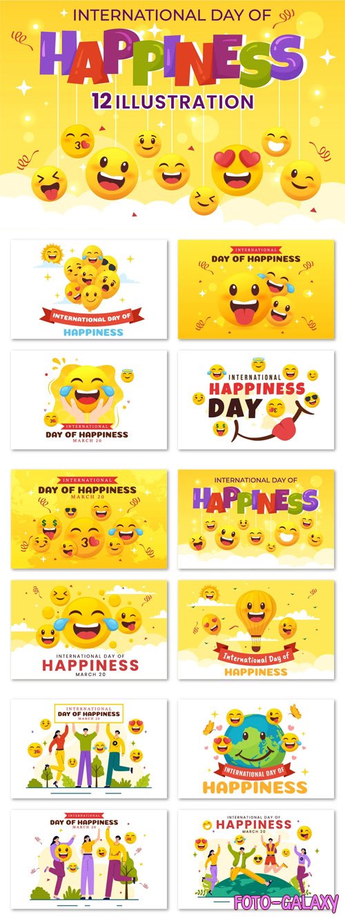 International Day of Happiness - 12 Illustrations Pack