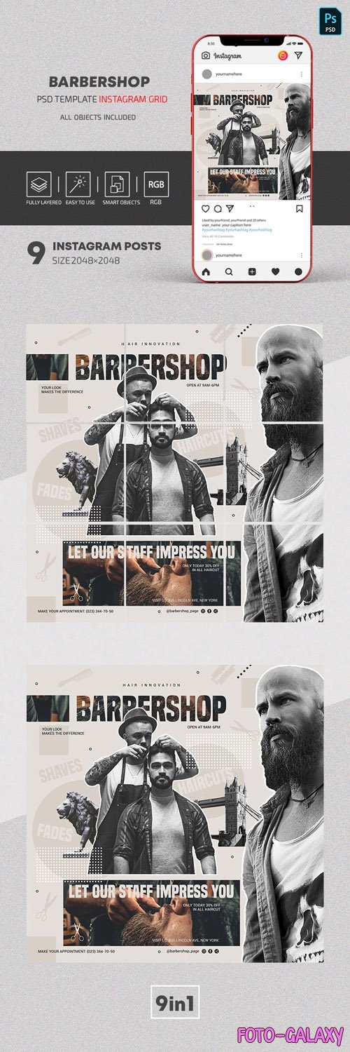 Barbershop - Instagram Grid - Social Media PSD Template
