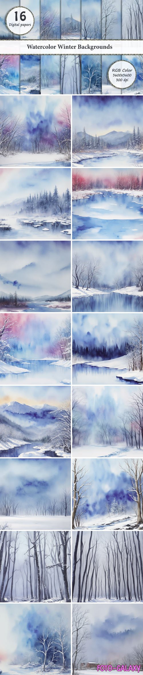 16 Watercolor Winter Backgrounds Pack