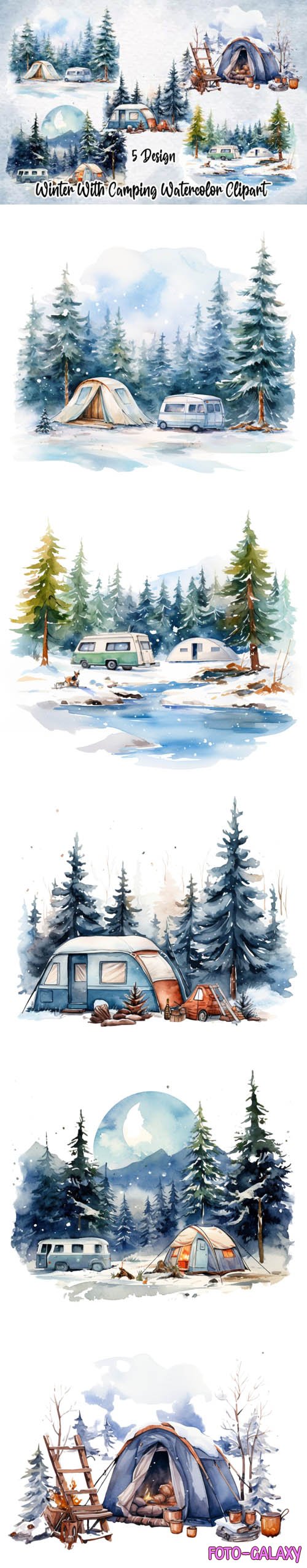Watercolor Winter With Camping Clipart Pack