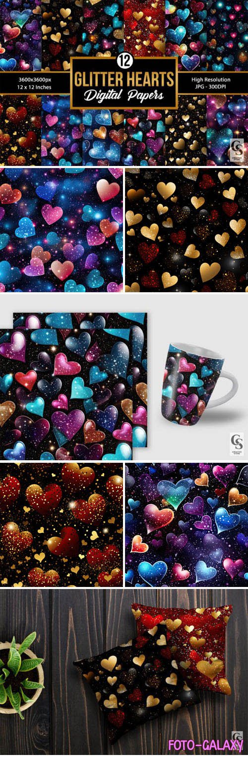 12 Glittery Hearts Patterns Pack