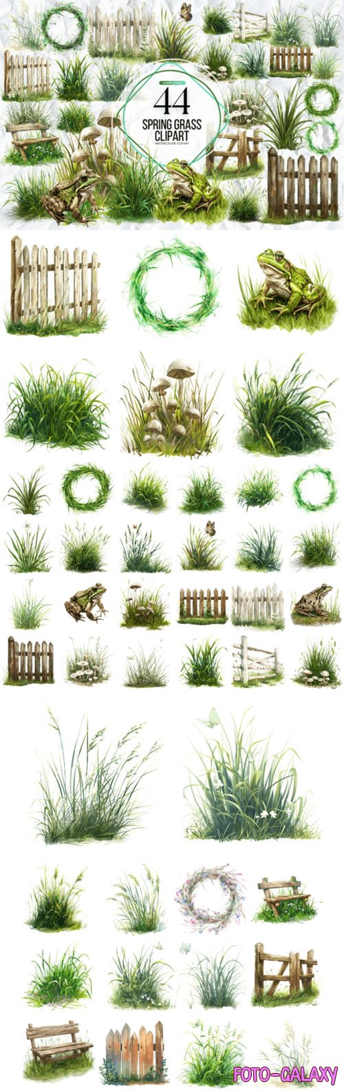 44 Watercolor Spring Grass Clipart Pack