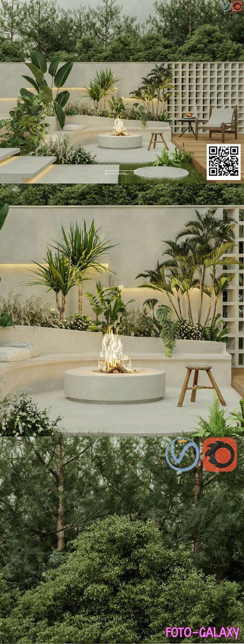 Courtyard Garden with Fireplace - 3D Model