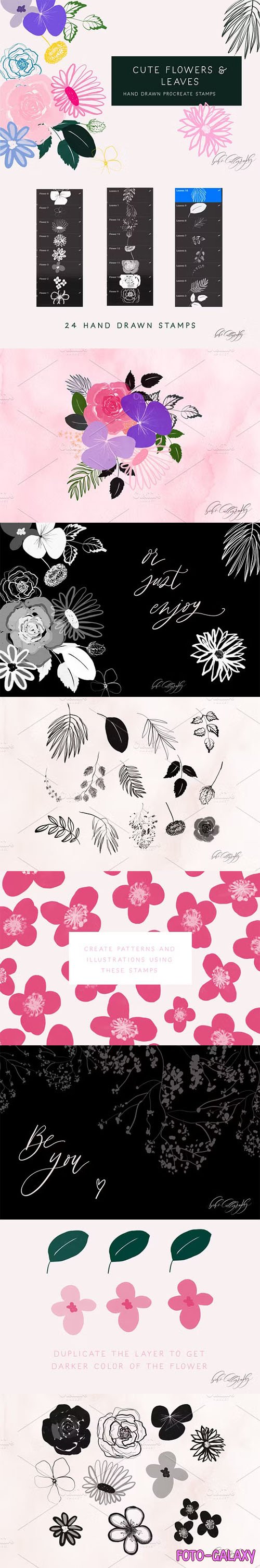 Cute Flowers & Leaves Brushes - Hand Drawn Procreate Stamps