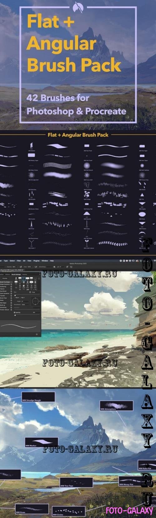 Flat+Angular Brush Pack: 42 Stylized Brushes for Photoshop & Procreate + Demo Videos