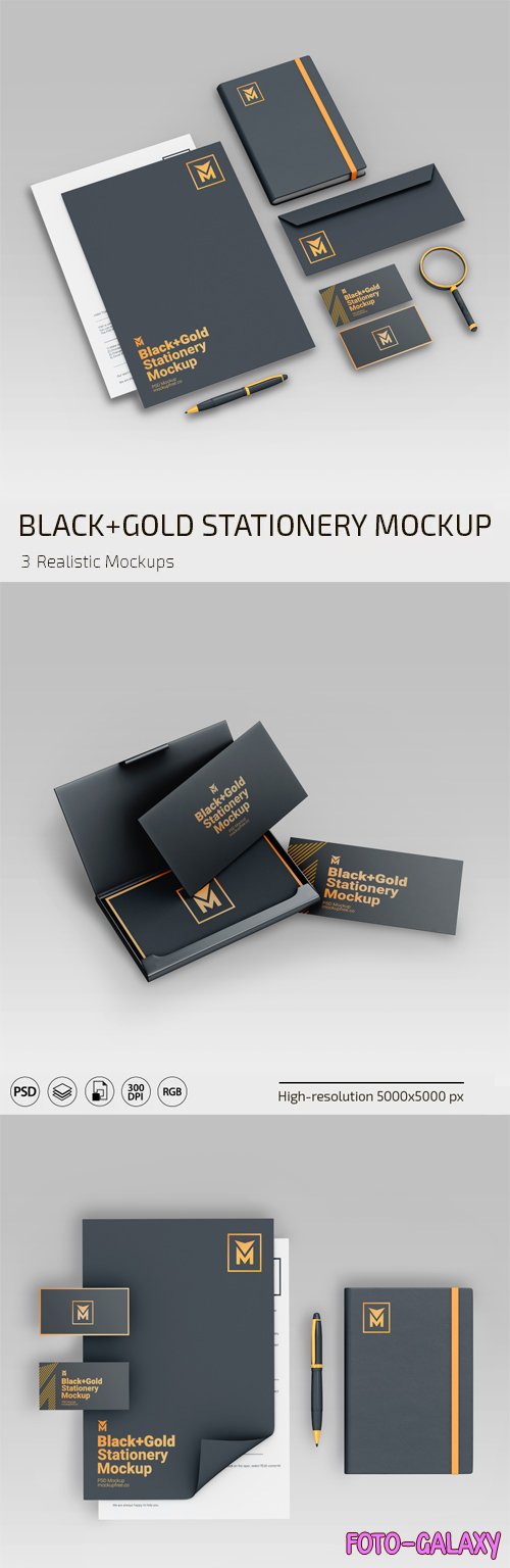 Realistic Black & Gold Stationery PSD Mockup Templates