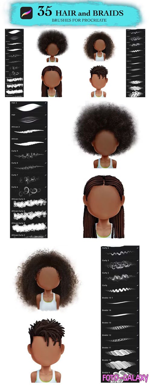 35 Curly Hair & Braids - Brushes for Procreate