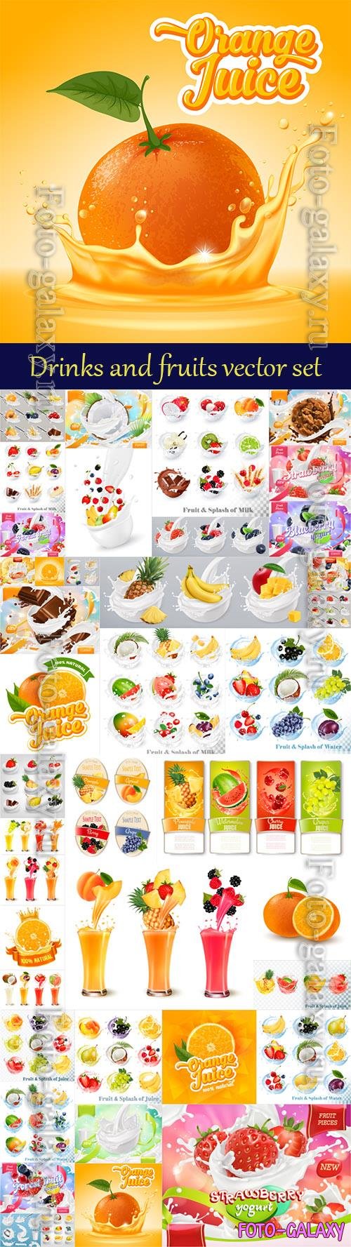 Drinks and fresh fruits vector set