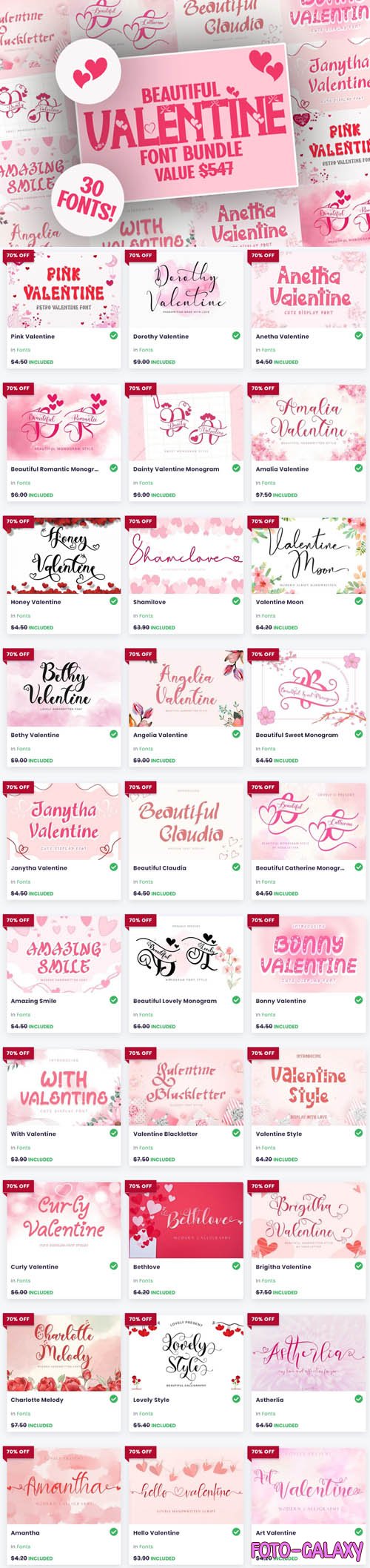 Beautiful Valentine Font Bundle - 30 Premium Fonts