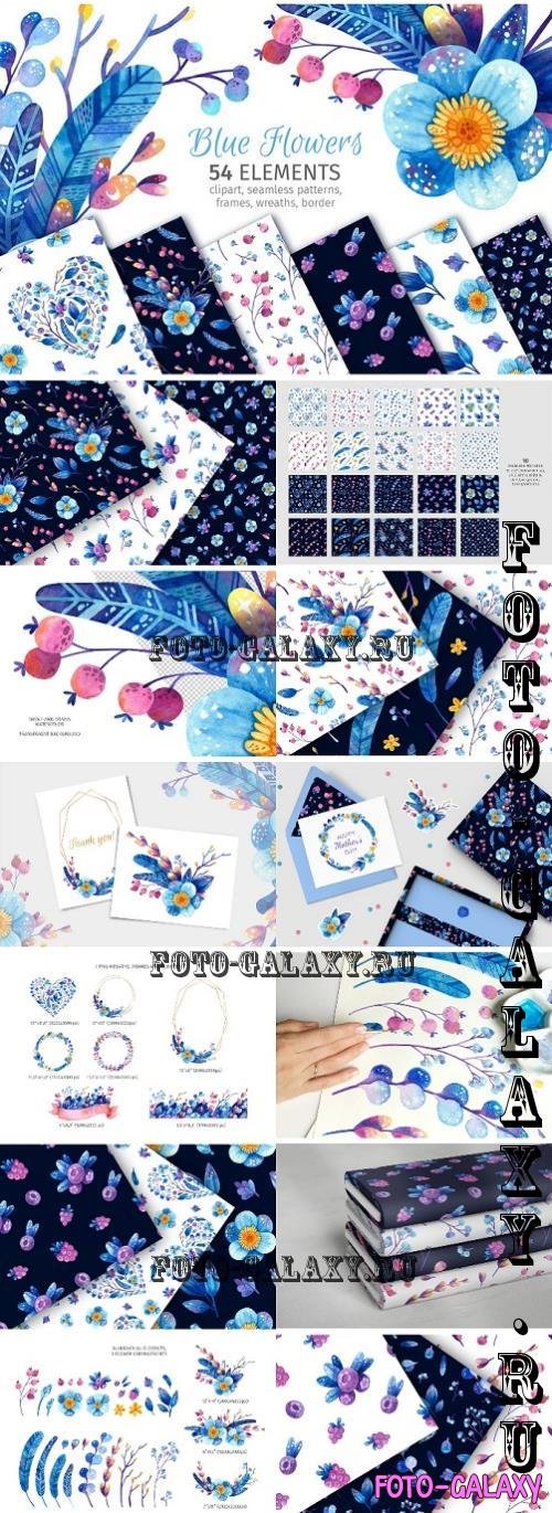 Blue Flowers and Berries Watercolor Clipart, Flora - XX3N3T9
