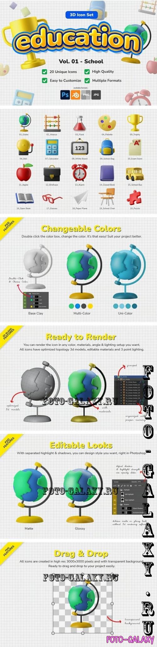 Education School Theme 3D Icon Illustration Set - 7KAYVF3