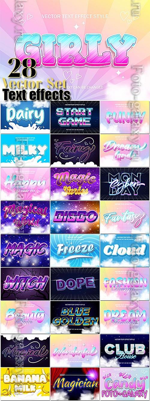 Text effects in vector, 28 illustrations dairy, beauty, cloud, game, disco, candy, magic, milky