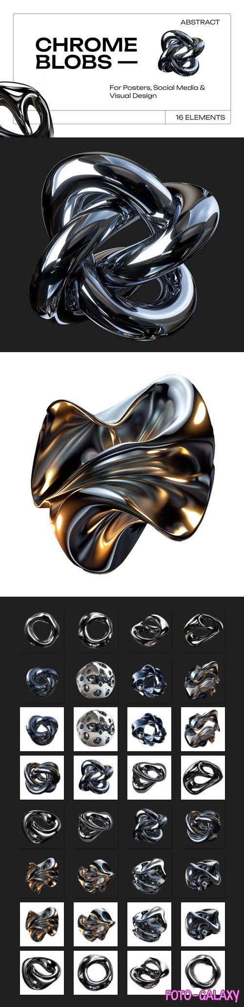 Chrome Blobs - 16 Isolated 3D Chrome Shapes