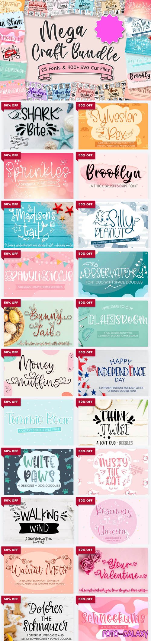 Mega Craft Bundle - 23 Premium Fonts & 20 Premium Graphics
