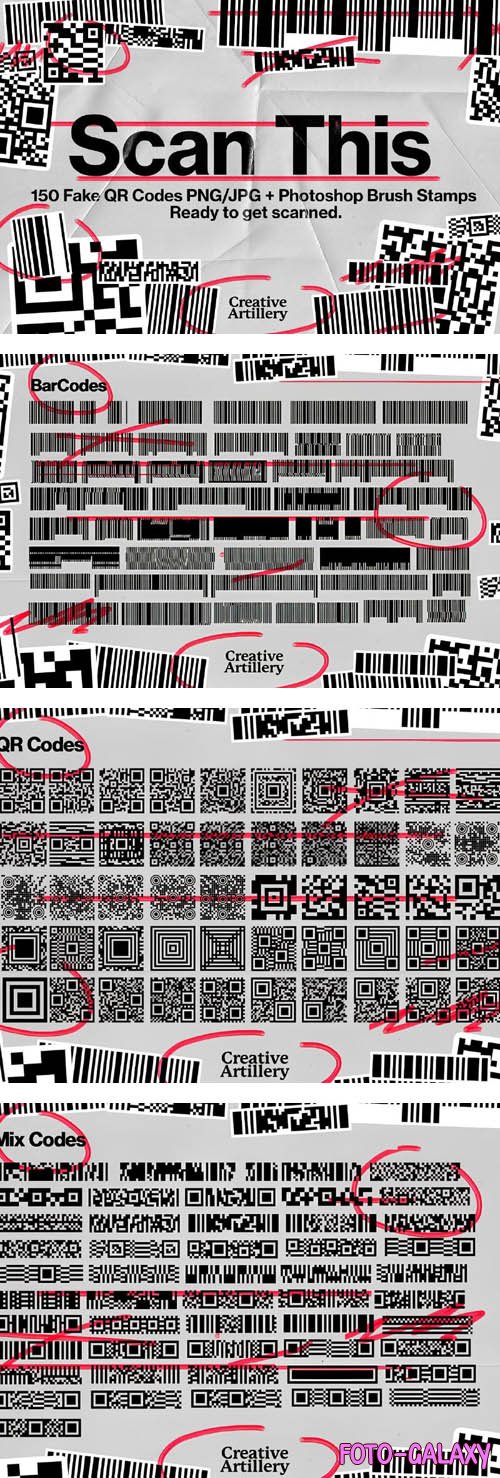 150 Fake QR Codes + Photoshop Brush Stamps