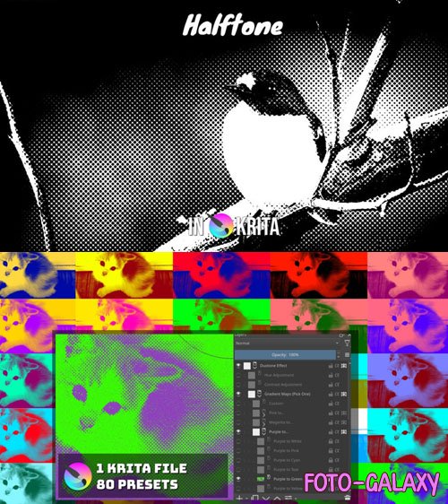 Duotone & Halftone Photo Effect + 80 Gradient Map Presets for Krita