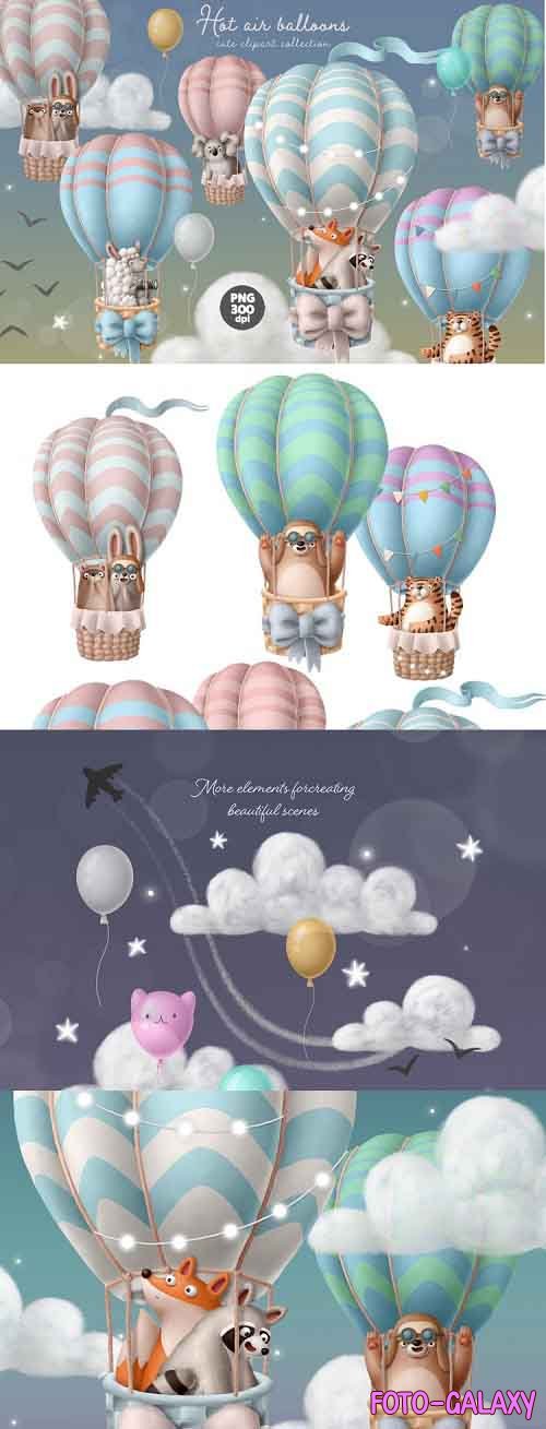Hot air balloon with animals cute clipart set digital image - 929868