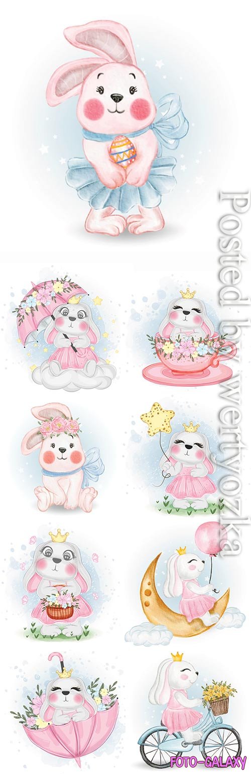 Cute bunny with easter egg nursery watercolor illustration