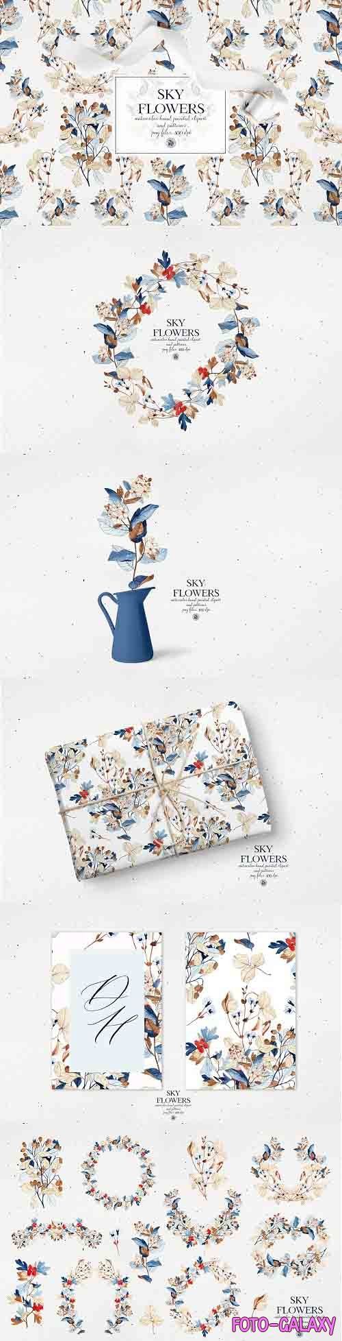 Sky Flowers - watercolor clipart - 6086868