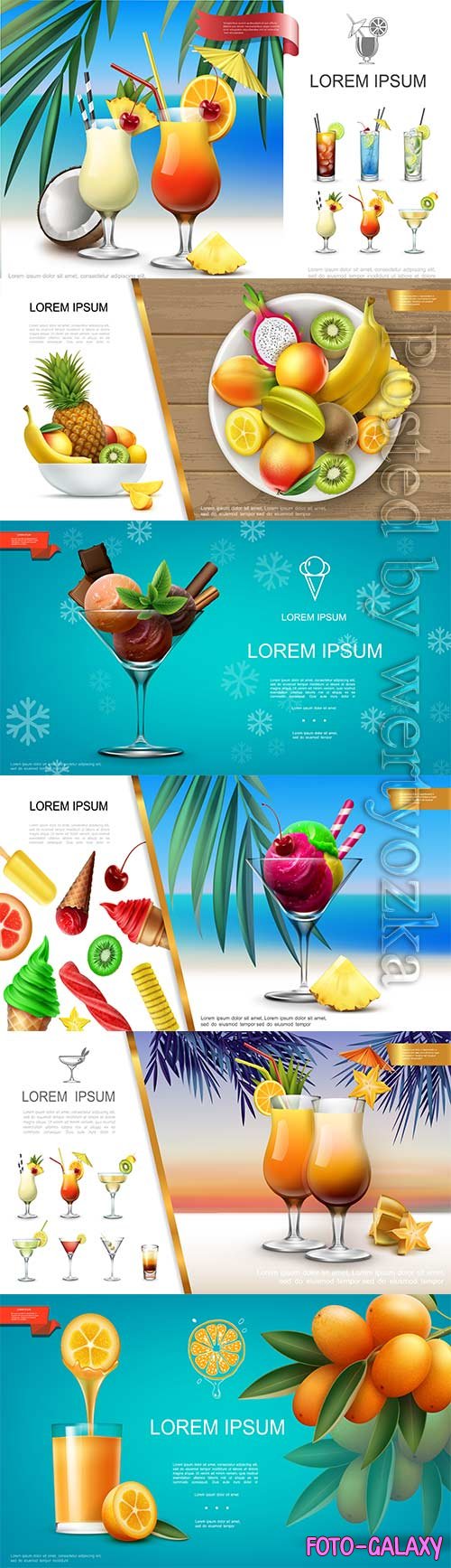Realistic fresh healthy summer food and drink vector concept
