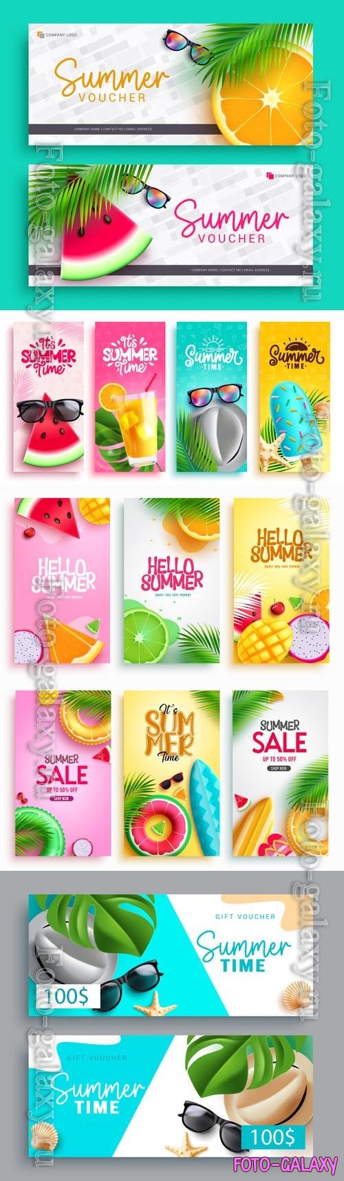 Summer poster vector set, summer sale offer discount