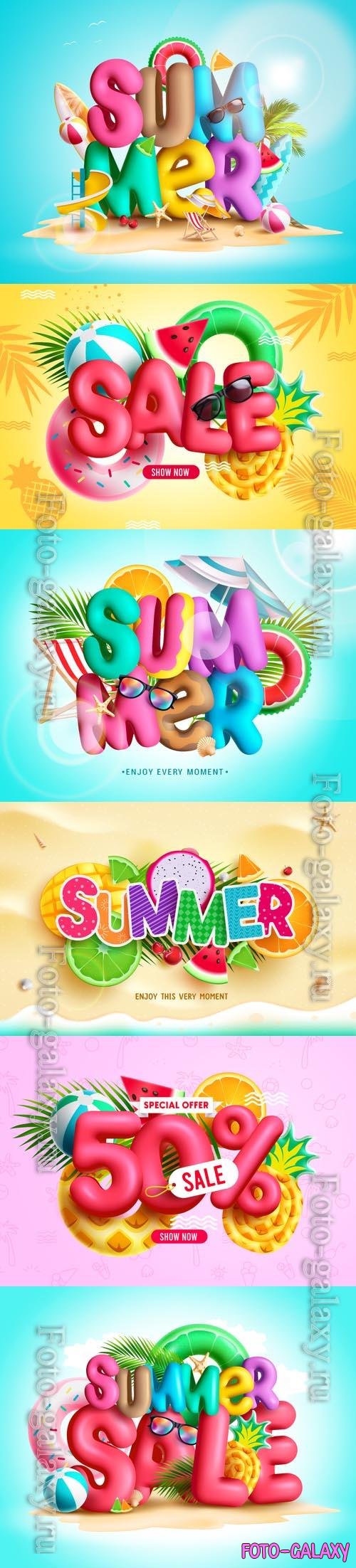 Summer 3d text vector design, summer colorful font letter with beach elements